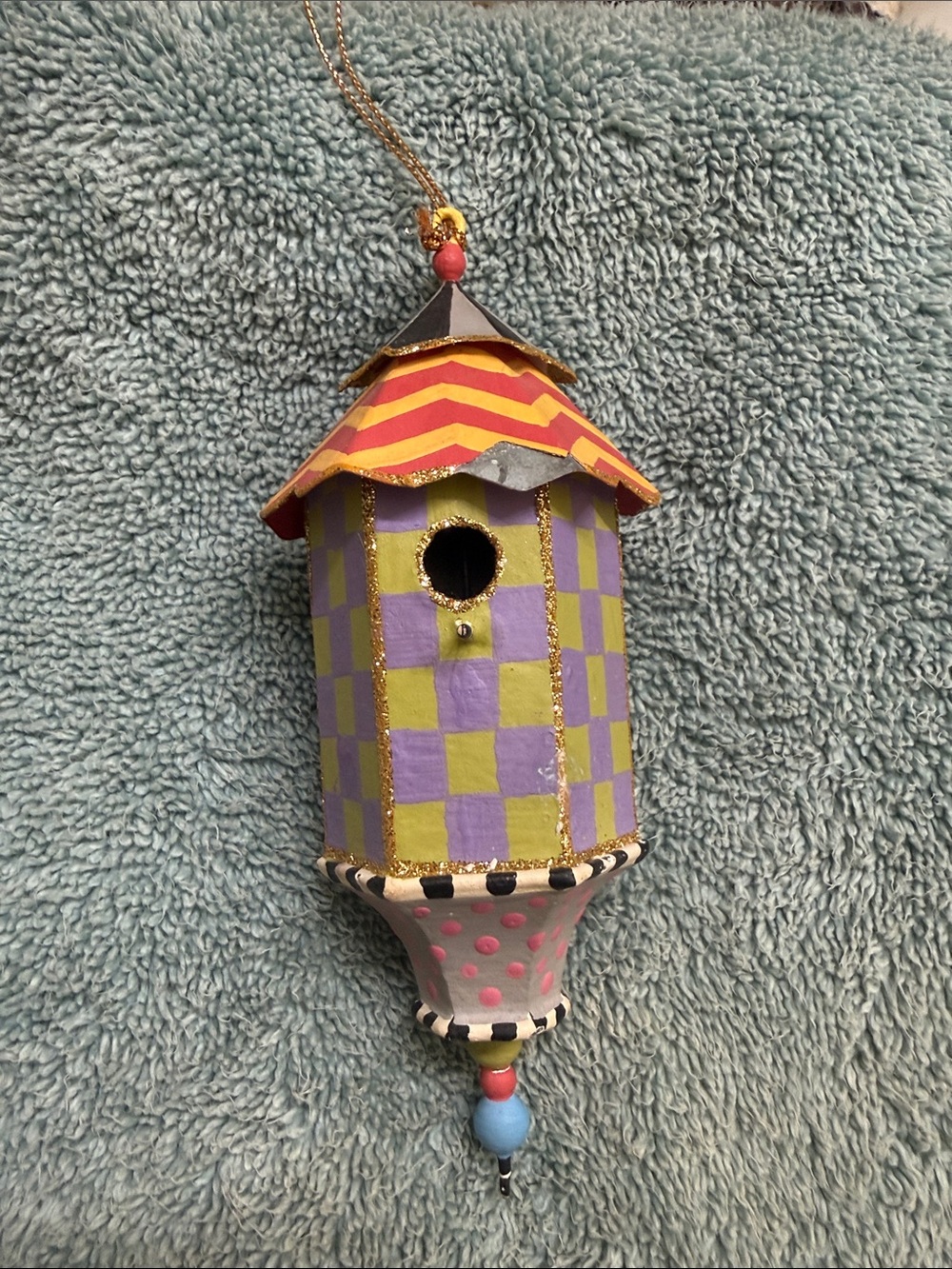 MacKenzie-Childs Purple & Yellow Hand-Painted Birdhouse Ornament